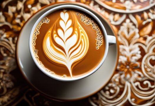 artisan coffee intricate latte art barista crafted espresso beverage, cup, milk, foam, design, froth, cafe, cappuccino, brew, saucer, decoration, pattern