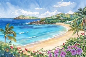 Naklejka premium A stunning beach landscape with turquoise waters, lush greenery, and colorful flowers under a bright blue sky.