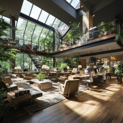 Naklejka premium a modern, open - concept office space with natural light, ergonomic furniture, and green plants. Created with generative AI