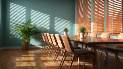 Obraz premium blinds in a conference room, with a close-up highlighting the interplay between light and shadow on their surface. Created with generative AI