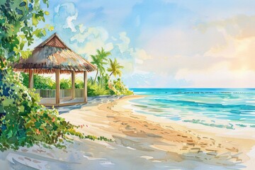 Beautiful tropical beach at sunset with a cozy hut, palm trees, and serene ocean waves in a colorful watercolor painting.
