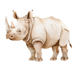 Fototapeta premium Adorable watercolor illustration of a rhinoceros clipart for kids, featuring soft neutral colors, isolate on Transparent background