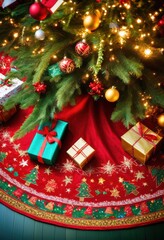 festive christmas tree skirt adorned colorful gifts underneath, decorations, baubles, ornaments, sparkling, presents, wrapped, ribbons, bows, tinsel, holiday