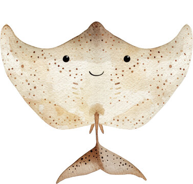 recommend clip art: Adorable watercolor illustration of a stingray clipart for kids, featuring soft neutral colors, isolate on Transparent background