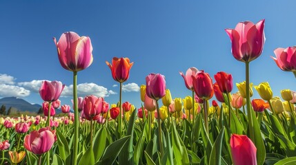 Vibrant tulip field under a clear blue sky,  springtime concepts