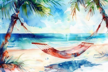 Watercolor painting of a tropical beach scene with a hammock between palm trees, calm ocean waves and a soothing sky.