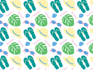 ビーチサンダルとモンステラのビーチ柄シームレス背景