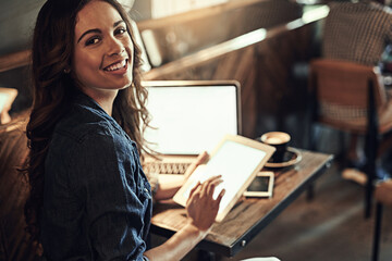 Woman, tech and portrait at night in coffee shop, copywriter and research for feature article deadline. Female person, mockup screen and cafe for project proposal, column and online for remote work