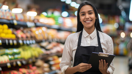 Female supermarket store manager holding clipboard smiling and looking at camera with shelf on background