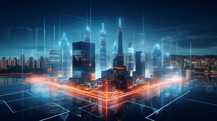 Rooftop and skyscrapers with wireframe hologram, Futuristic city, Smart city.