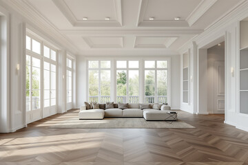 a Living room with white walls and hardwood flooring, strip bond walnut parquet floors