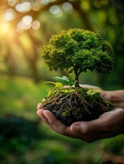 A hand holds a small tree