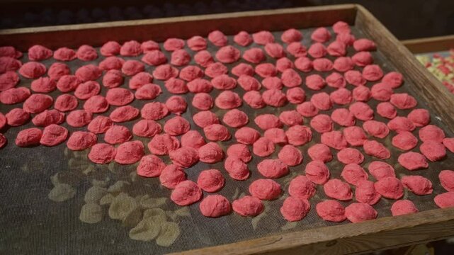Freshly made traditional pink orecchiette pasta drying outdoors in bari, italy, on a sunny day.