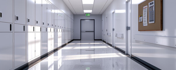 Modern school hallway with lockers and bulletin boards, clean lines, digital art