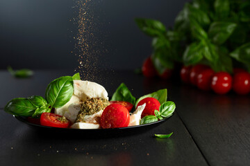 Mozzarella with basil, cherry tomatoes and pesto sauce sprinkled with Mediterranean spices.