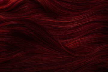 Dark red hair close-up as a background. Women's long brown hair. Beautifully styled wavy shiny curls. Coloring hair with bright shades. Hairdressing procedures, extension.