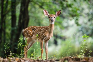 A wild deer standing in a forest clearing, with a softly blurred background of dense trees and foliage 