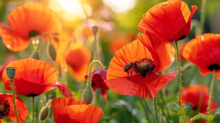 Poppy Field with a Bee at Sunset