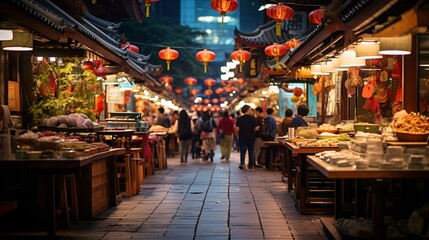 Obraz premium A bustling narrow street filled with pedestrians walking around.