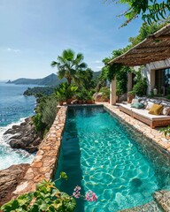 Obraz premium A beautiful seaside retreat features a stone-lined pool overlooking a breathtaking ocean view. Lush greenery surrounds the pool and a shaded sitting area.