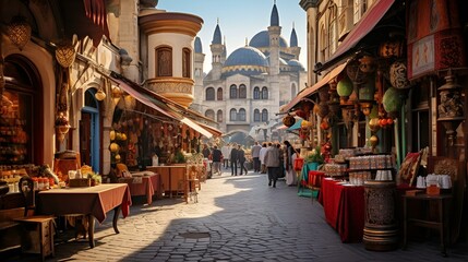 Fototapeta premium A bustling narrow street lined with shops and people strolling around, creating a vibrant atmosphere.