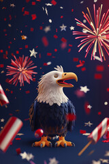 Fototapeta premium Cartoon-style 3D American eagle with fireworks and Independence Day decorations