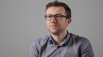 Fototapeta premium a photo of an interview with man in his thirties, wearing glasses and blue shirt looking into the camera on grey background