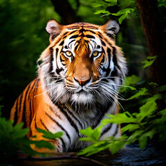 Close-up of a powerful tiger's face with a serious expression, looking directly at the viewer.