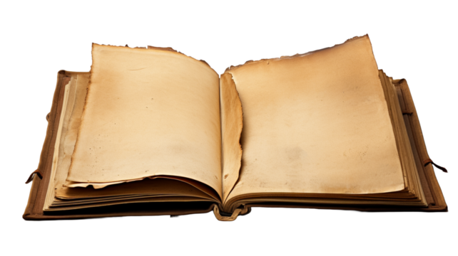 Old vintage book open isolated on transparent png background.