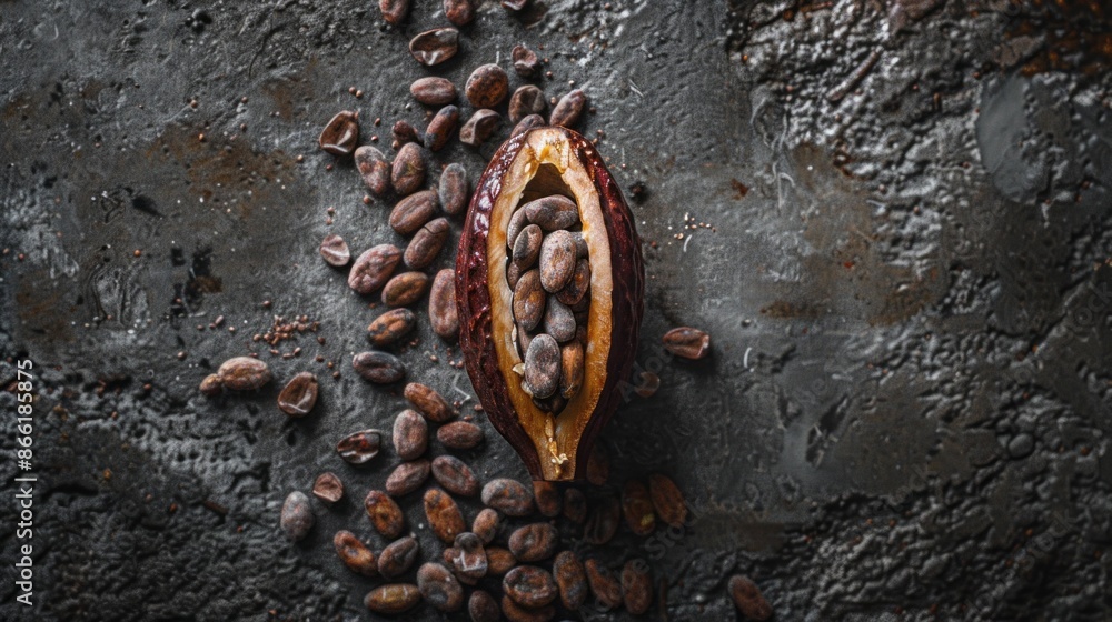 Poster cocoa bean pod split open on dark surface