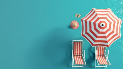 Fototapeta premium A top view of a beach umbrella, chairs, and accessories on a blue background illustrates a summer vacation concept. 3D rendering.