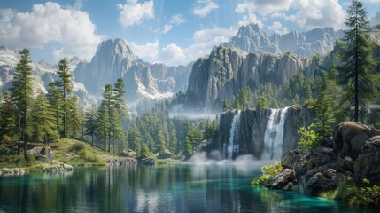 Tranquil Mountain Lake with Waterfall