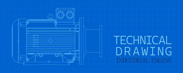 Technical drawing of industrial electric motor. Blue print, ideal for industrial and technology themes.