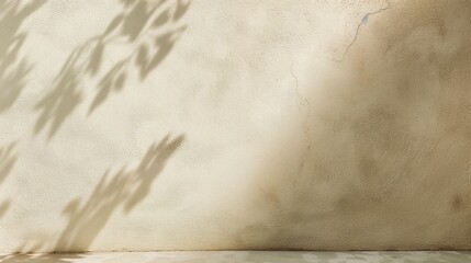 Abstract beige studio background for product presentation. Empty room with shadows of window and flowers and palm leaves . 3d room with copy space. Summer concert. Blurred backdrop.