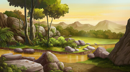 illustration  forest and sunset  beautiful