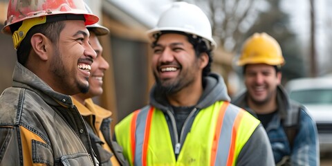 Obraz premium Happy construction crew laughing together at work site. Concept Construction Worker Morale, Team Bonding, Workplace Happiness