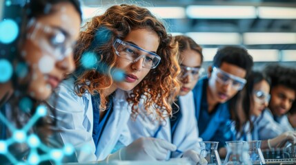 a group of students in a high-tech laboratory, experimenting with cutting-edge equipment and discussing innovative ideas, with a clean and futuristic background, providing clear copy space for text