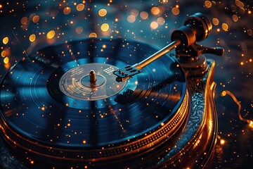 Vintage turntable playing vinyl record with glowing bokeh lights, capturing nostalgic music vibes and retro aesthetics.