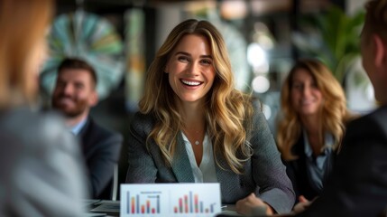 a businesswoman happily presenting a successful financial report in a hyperrealistic boardroom, her expression full of confidence and satisfaction, with colleagues listening intently, providing ample