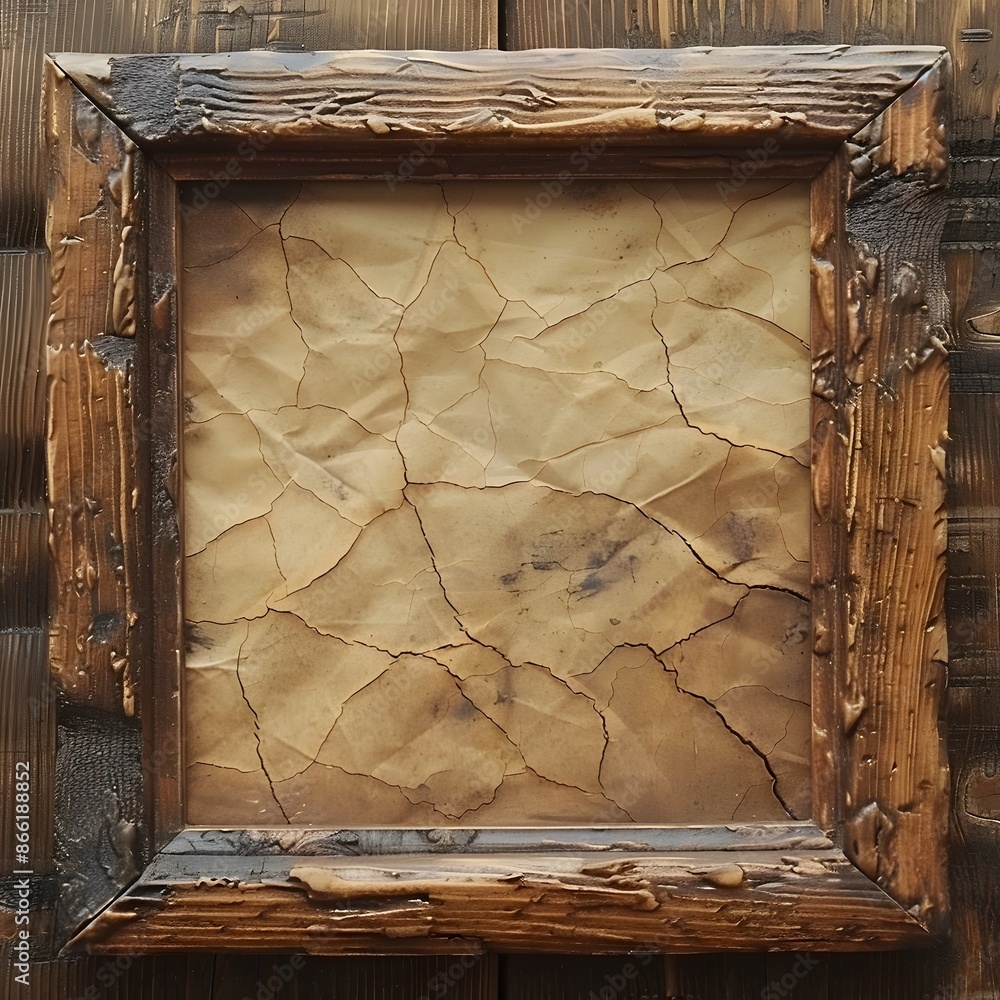 Poster rustic wooden frame with distressed vintage parchment backdrop for retro concepts and design layouts