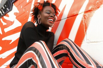 a young black woman with funny hairstyle wearing a black turtleneck and striped orange and black trousers, is sitting against a striped orange and white wall and laughing