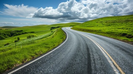 Fototapeta premium A scenic countryside road winding through green hills and under a blue sky, perfect for a peaceful drive.