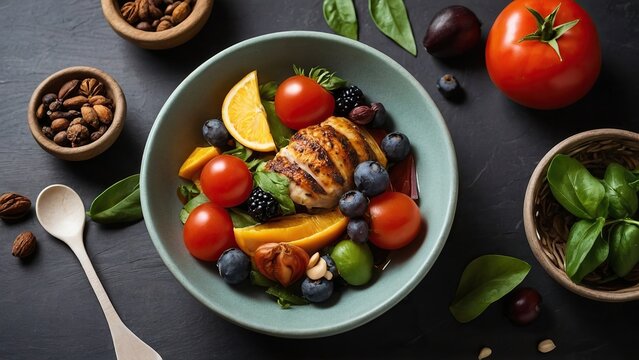 Keto diet and food items for it. Vegetables and fruits, diet burgers. Time-restricted eating. Intermittent fasting.