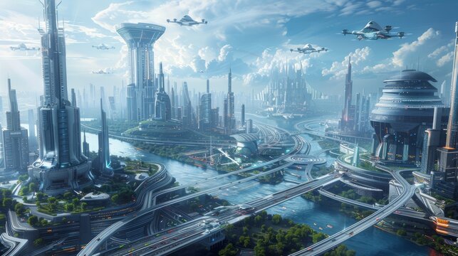 a hyperreal futuristic landscape with advanced transportation systems, flying cars, and sleek buildings, creating a sense of a utopian future, offering ample copy space for text