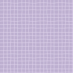Seamless pastel lilac checkered pattern of crooked squares and hand-drawn lines.
