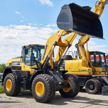 Stara Zagora, Bulgaria, May 14, 2024; Tractor with front loader bucket on exhibition