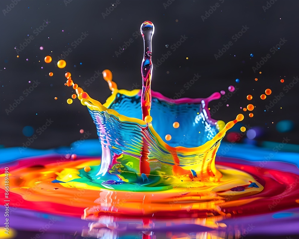 Poster vibrant splash of colorful paint droplets blending and mixing in a dynamic display