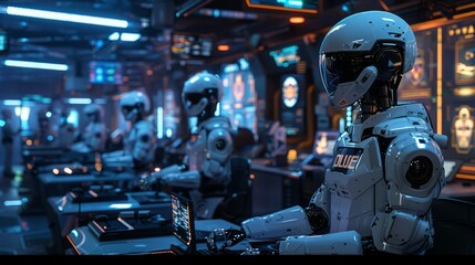 Fototapeta premium a hyperreal futuristic police station with advanced surveillance, robotic officers, and high-tech crime prevention tools, providing clear copy space for text