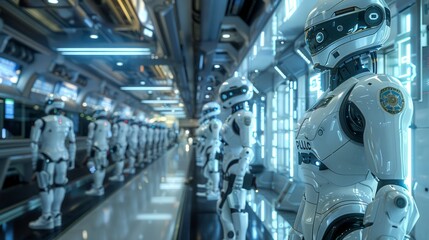 a hyperreal futuristic police station with advanced surveillance, robotic officers, and high-tech crime prevention tools, providing clear copy space for text