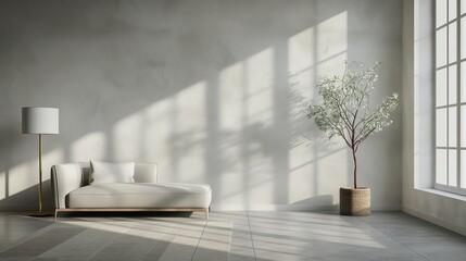 Fototapeta premium Abstract white studio background for product presentation. Empty room with shadows of window. Display product with blurred backdrop. potted plant